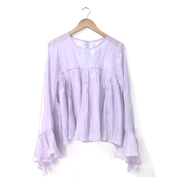Anthropologie Godet Boho Babydoll Sheer Ruffle Blouse Purple Lavender Size Large - Picture 2 of 15